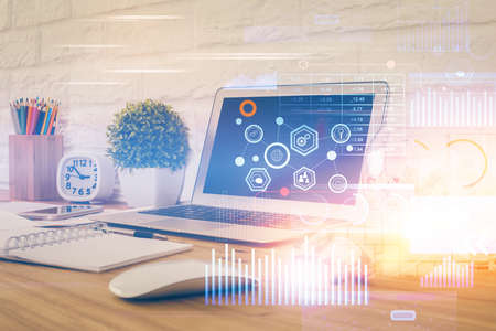 Multi exposure of desktop with personal computer and tech theme drawing. Concept of Bigdata.