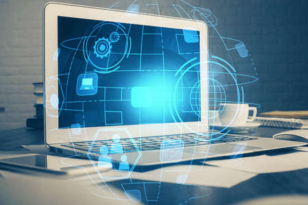 Computer on desktop with social network theme icon. Multi exposure. Concept of international...
