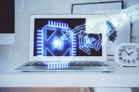 Technology theme drawing and work space with computer. Double exposure. Concept of innovation.