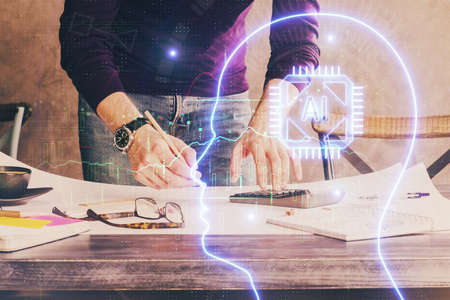 Haman brain double exposure icon with man hands background. Concept of Ai.の写真素材