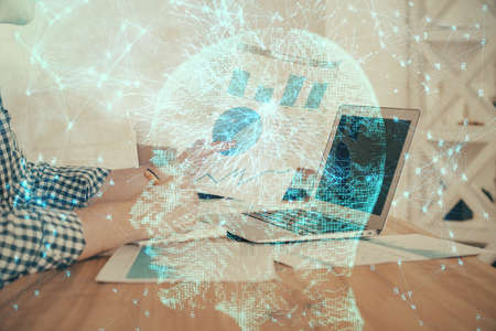 Man typing on keyboard background with brain hologram. Concept of big Data. Double exposure.の写真素材