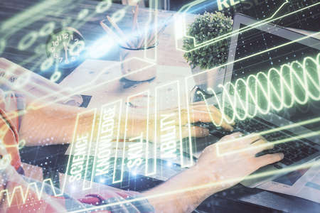 Science hologram with man working on computer on background. Concept of study. Double exposure.