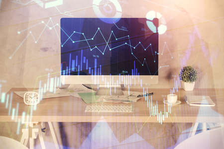 Multi exposure of financial graph drawing and office interior background. Concept of market...