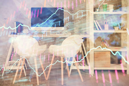 Multi exposure of stock market chart drawing and office interior background. Concept of financial...
