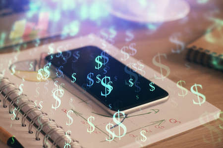 Double exposure of forex chart drawing and cell phone background. Concept of financial data analysisの写真素材