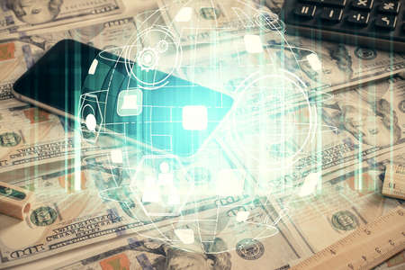 Multi exposure of social network drawing over us dollars bill background. Concept of people connection.の写真素材