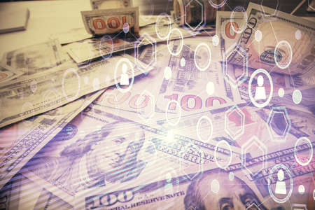 Multi exposure of social network drawing over us dollars bill background. Concept of people connection.の写真素材