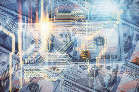 Double exposure of world map drawing over us dollars bill background. International concept.の写真素材