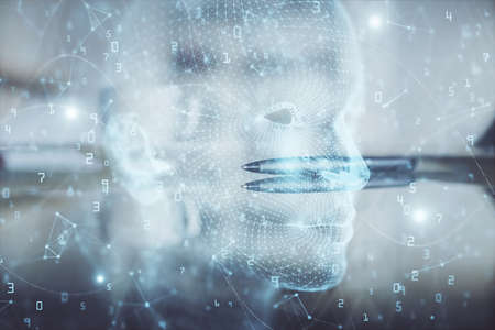 Double exposure of Ai data brain drawing over coffee cup background.