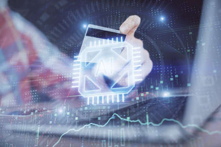 Double exposure of man hands holding a credit card and data theme drawing. E-commerce and technology...
