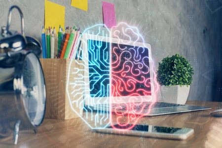 Double exposure of desktop computer and human brain drawing hologram. Ai concept.