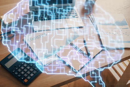 Double exposure of desktop computer and human brain drawing hologram. Ai concept.
