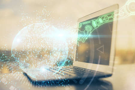 Double exposure of desktop with computer on background and tech theme drawing. Concept of big data.