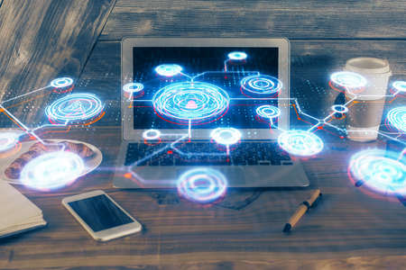 Computer on desktop with social network theme icon. Multi exposure. Concept of international...