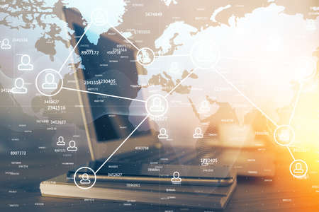 Computer on desktop with social network theme icon. Multi exposure. Concept of international...