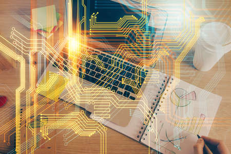 Mans hands with international data global network topic double exposure icon. Concept of...