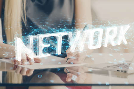 Double exposure of womans writing hand on background with data technology hud. Big data concept.