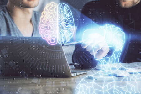 AR hologram with man working on computer on background. Augmented reality concept. Double exposure.
