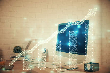 Double exposure of stock market graph drawing and office interior background. Concept of financial...