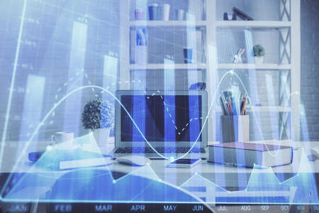 Double exposure of financial graph drawing and office interior background. Concept of stock market.