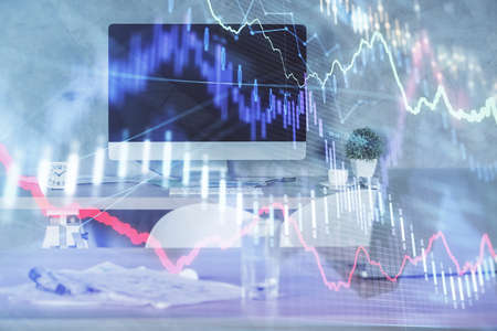 Multi exposure of financial graph drawing and office interior background. Concept of market...