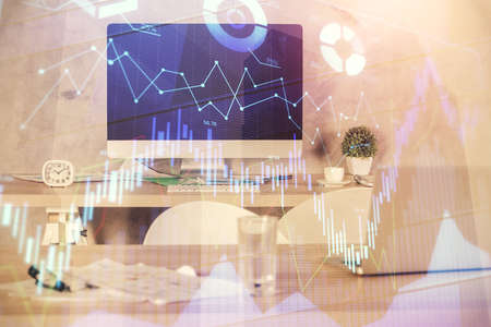 Multi exposure of financial graph drawing and office interior background. Concept of market analysis.の写真素材