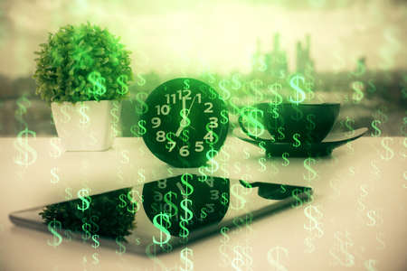 Double exposure of forex graph drawing and cell phone background. Concept of financial data analysis
