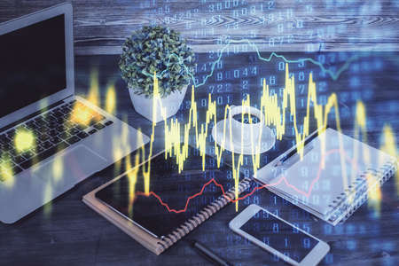 Double exposure of financial graph drawing and cell phone background. Concept of forex trading