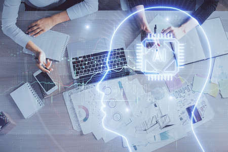 Double exposure of woman working on computer andhuman brain hologram drawing. Top View. Ai concept.