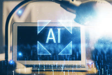 Double exposure of desktop with personal computer on background and tech theme drawing. Concept of...