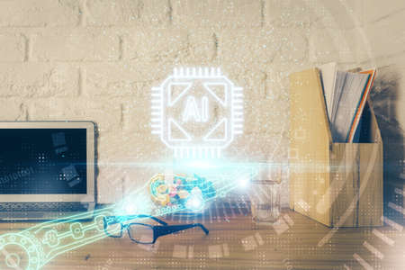 Double exposure of desktop with personal computer on background and tech theme drawing. Concept of...