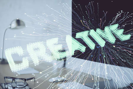 Desktop computer background in office and start up theme hologram drawing. Double exposure. Startup...