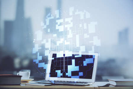 Technology theme drawing and work space with computer. Double exposure. Concept of innovation.の写真素材