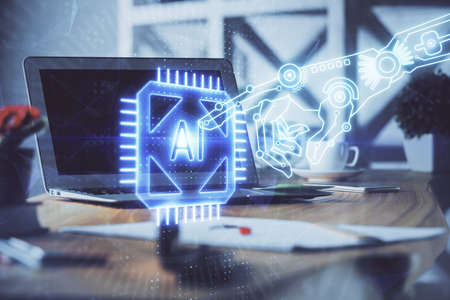 Technology theme drawing and work space with computer. Double exposure. Concept of innovation.