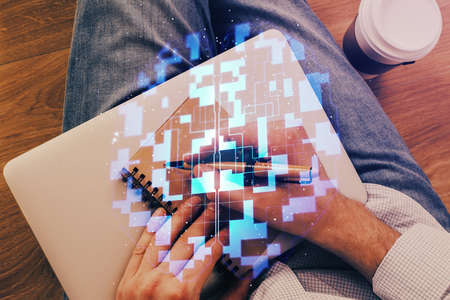 Humans hands with technology theme double exposure icons. Concept of big data.の写真素材