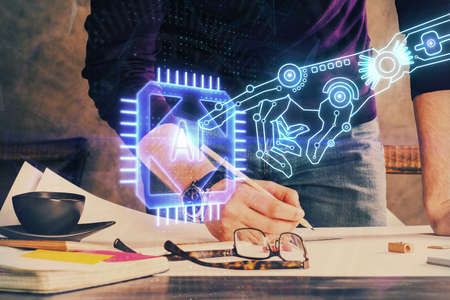 Mans hands with technology theme multi exposure icons. Concept of big data.