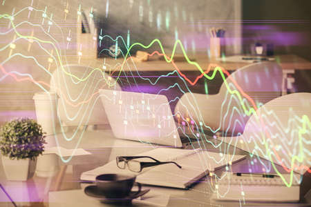 Multi exposure of stock market chart drawing and office interior background. Concept of financial...