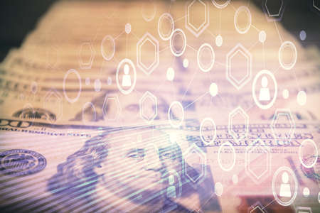 Multi exposure of social network drawing over us dollars bill background. Concept of people...