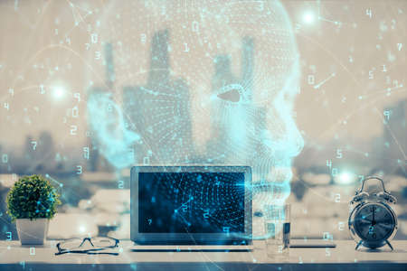 Double exposure of desktop with computer and brain drawing hologram. Artificial intelligence...