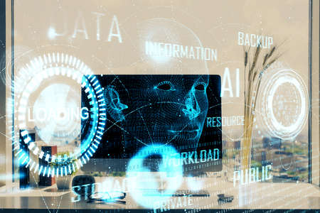 Multi exposure of table with computer on background and data theme drawing. Concept of innovation.の写真素材