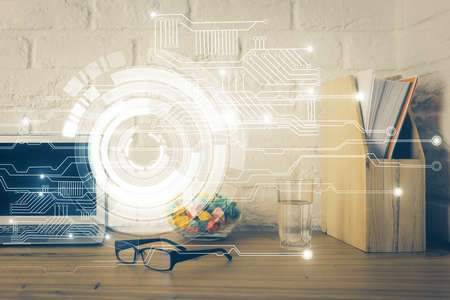 Double exposure of desktop with personal computer on background and tech theme drawing. Concept of...