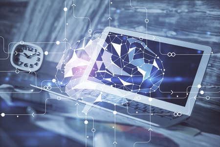 Multi exposure of work space with computer and human brain hologram. Brainstorm concept.