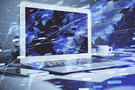 Multi exposure of computer on background and technology theme drawing. Concept of innovation.の写真素材