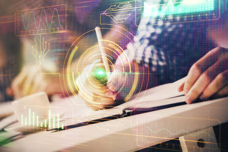 Writing mans hands background with technology icons. Double exposure. Concept of big data.