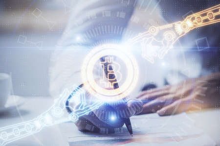 Businessman with hands background. Multi exposure with crypto currency concept.の写真素材