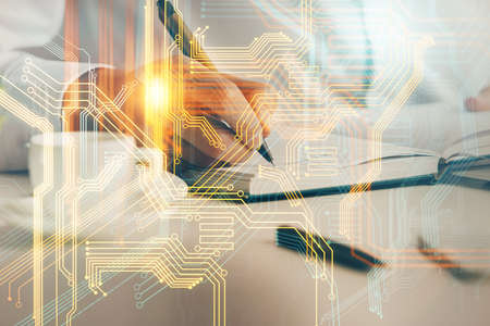 Mans hands with international data global network topic double exposure icon. Concept of globalization.の写真素材