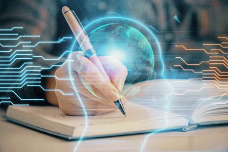Multi exposure of womans writing hand on background with brain hologram. Concept of brainstorming.の写真素材