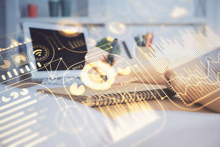 Tech theme hologram over womans hands taking notes background. Concept of hightech. Double exposure