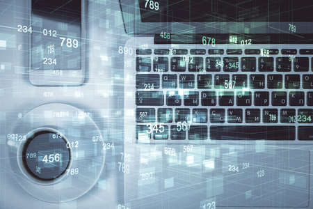 Multi exposure of data theme drawing hologram over topview work desk background with computer....
