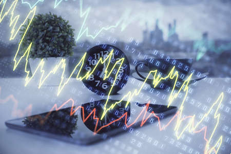 Double exposure of forex graph drawing and cell phone background. Concept of financial data analysis